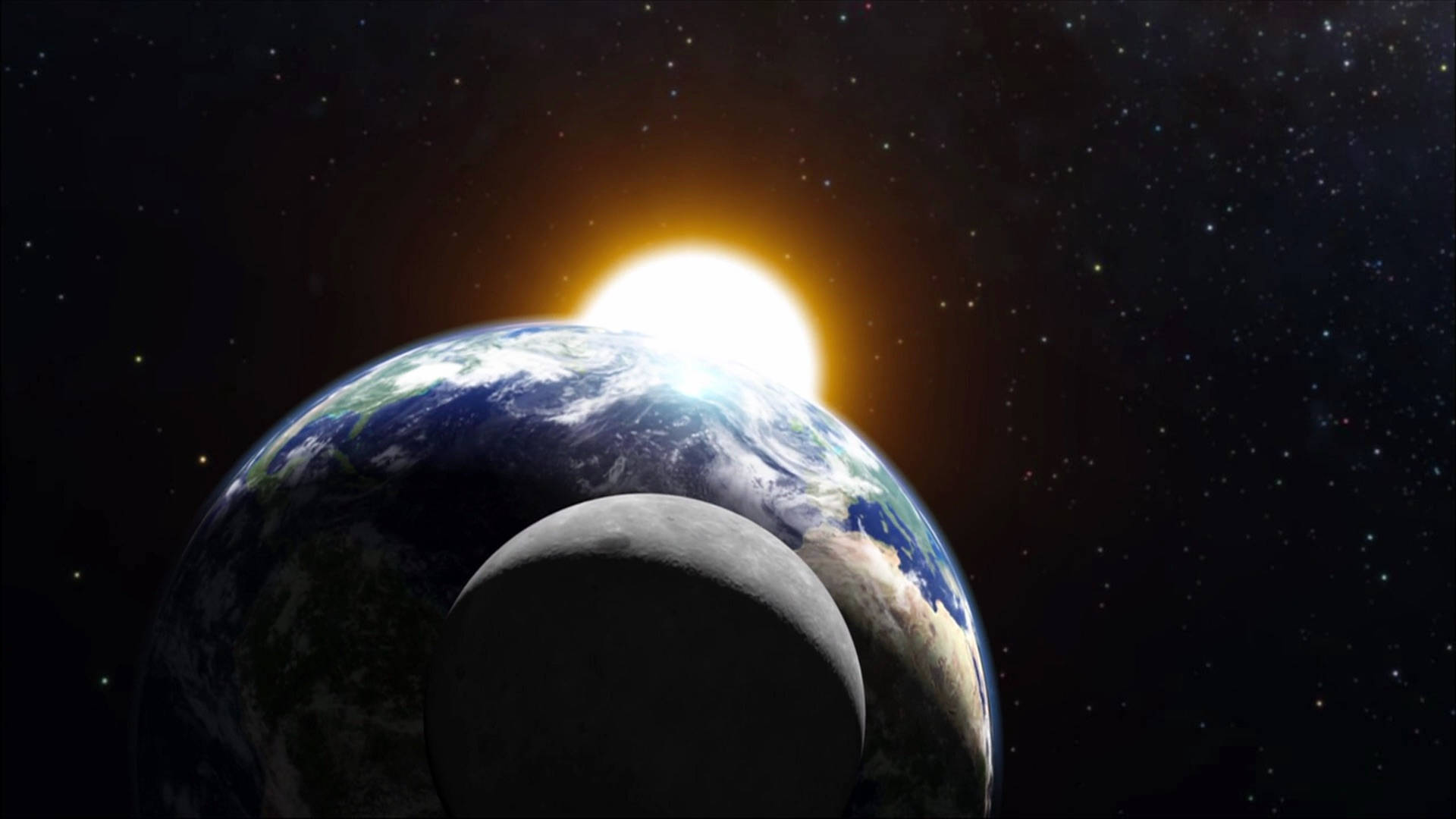 太陽與月亮暗宇宙 壁紙 — 地球和月亮與發光的太陽對齊，背景是繁星點點的宇宙。