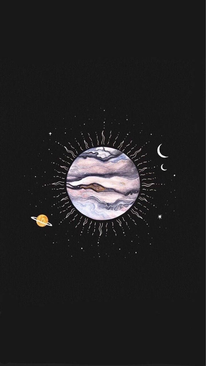太陽與月亮暗黑藝術 壁紙 — 水彩風格插圖，描繪一條紋行星帶有光環和彎月，背景是繁星點點的黑夜。