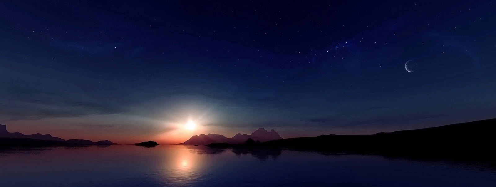 太陽與月亮海景 壁紙 — 黃昏時分，寧靜的湖泊映照著閃耀的太陽和彎月，背景是繁星點點的深藍色天空。