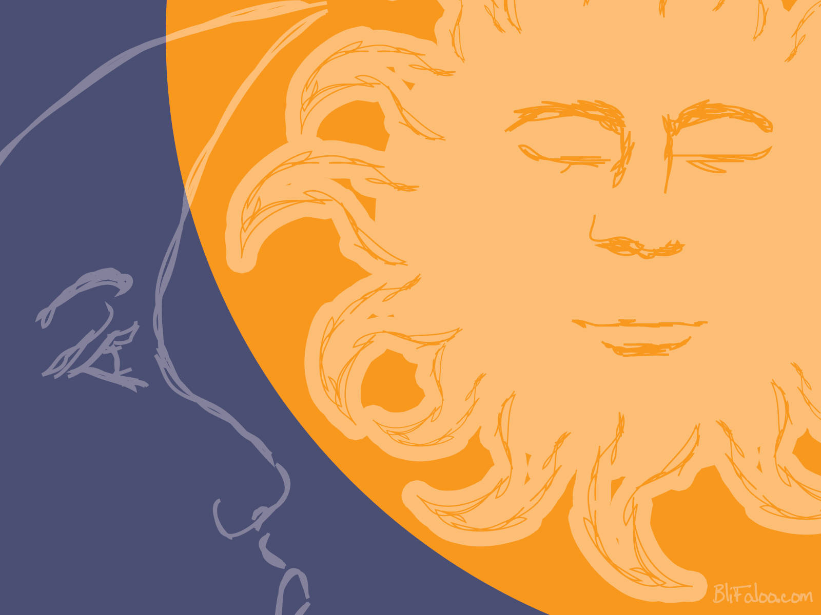 太陽與月亮的永恆之舞 壁紙 — 一個風格化的橙色太陽，帶有寧靜的面容和火焰般的光芒，置於深藍色背景上，配有抽象白色線條。