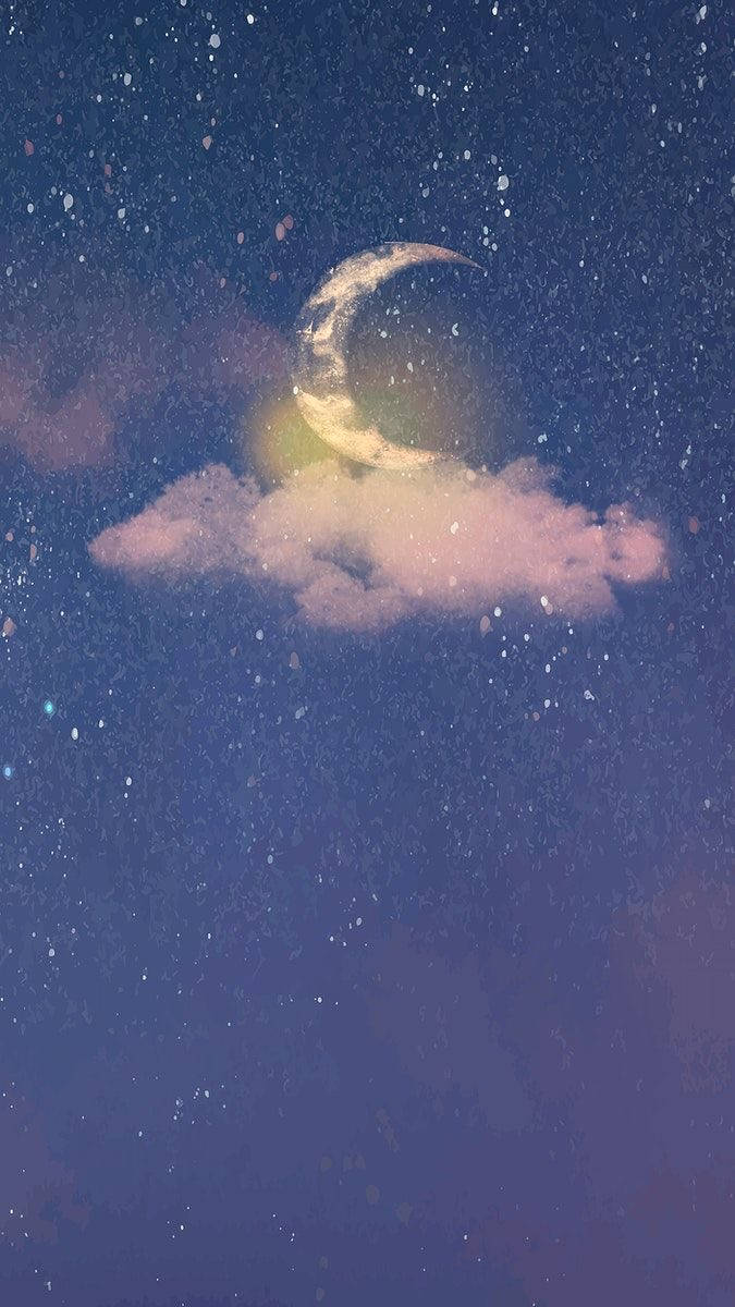 太陽與月亮紫空 壁紙 — 一輪發光的彎月從柔和的粉紅雲層中探出頭來，映襯著星光閃爍的暮色天空。