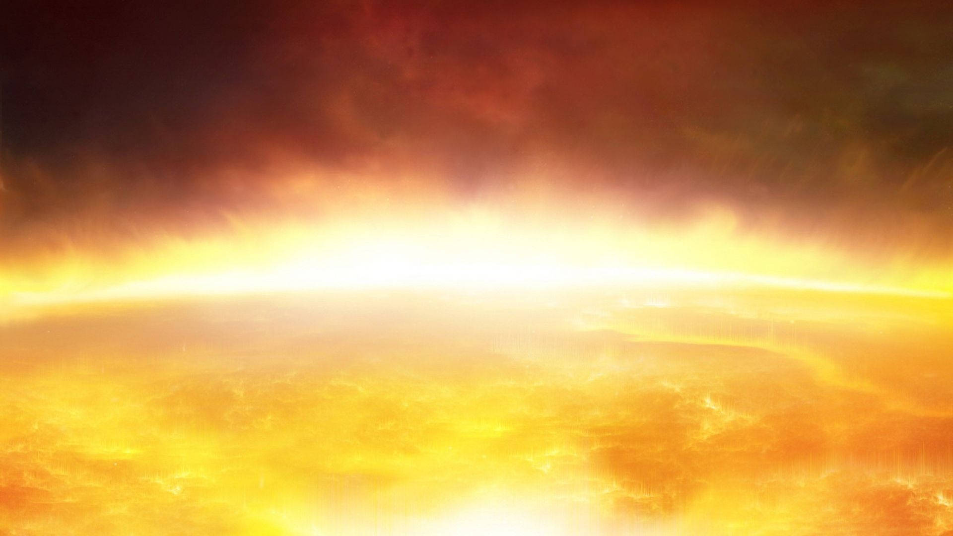 太陽表面燃燒溫度 壁紙 — 一個熾熱的天體，發光的橙色和黃色雲朵在光芒四射的地平線周圍旋轉。