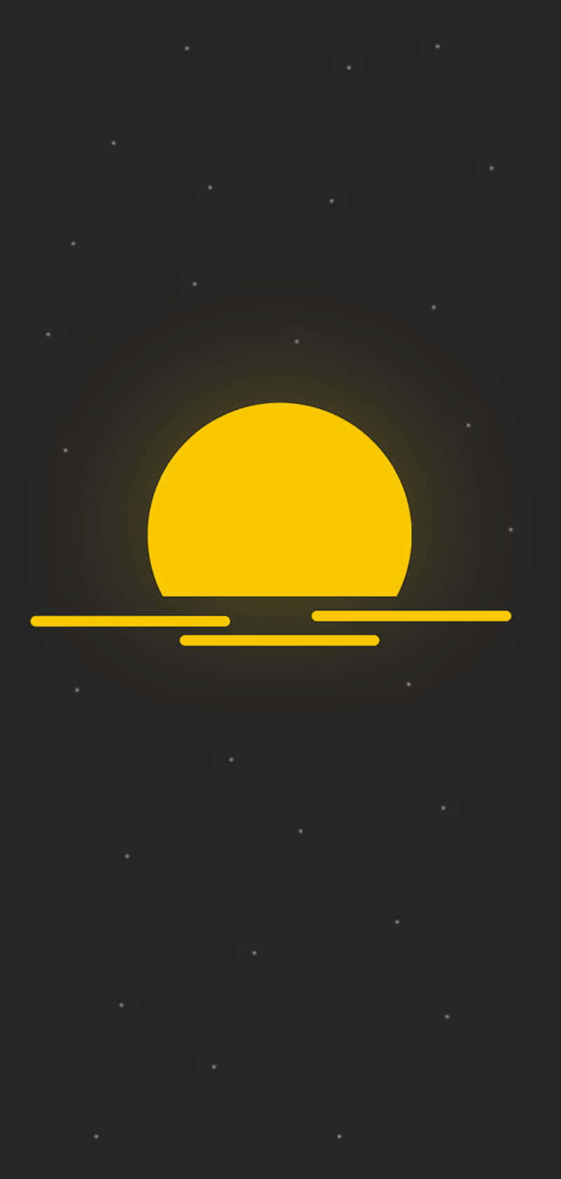 黃色太陽在地平線上下沉，黑暗天空中有星星