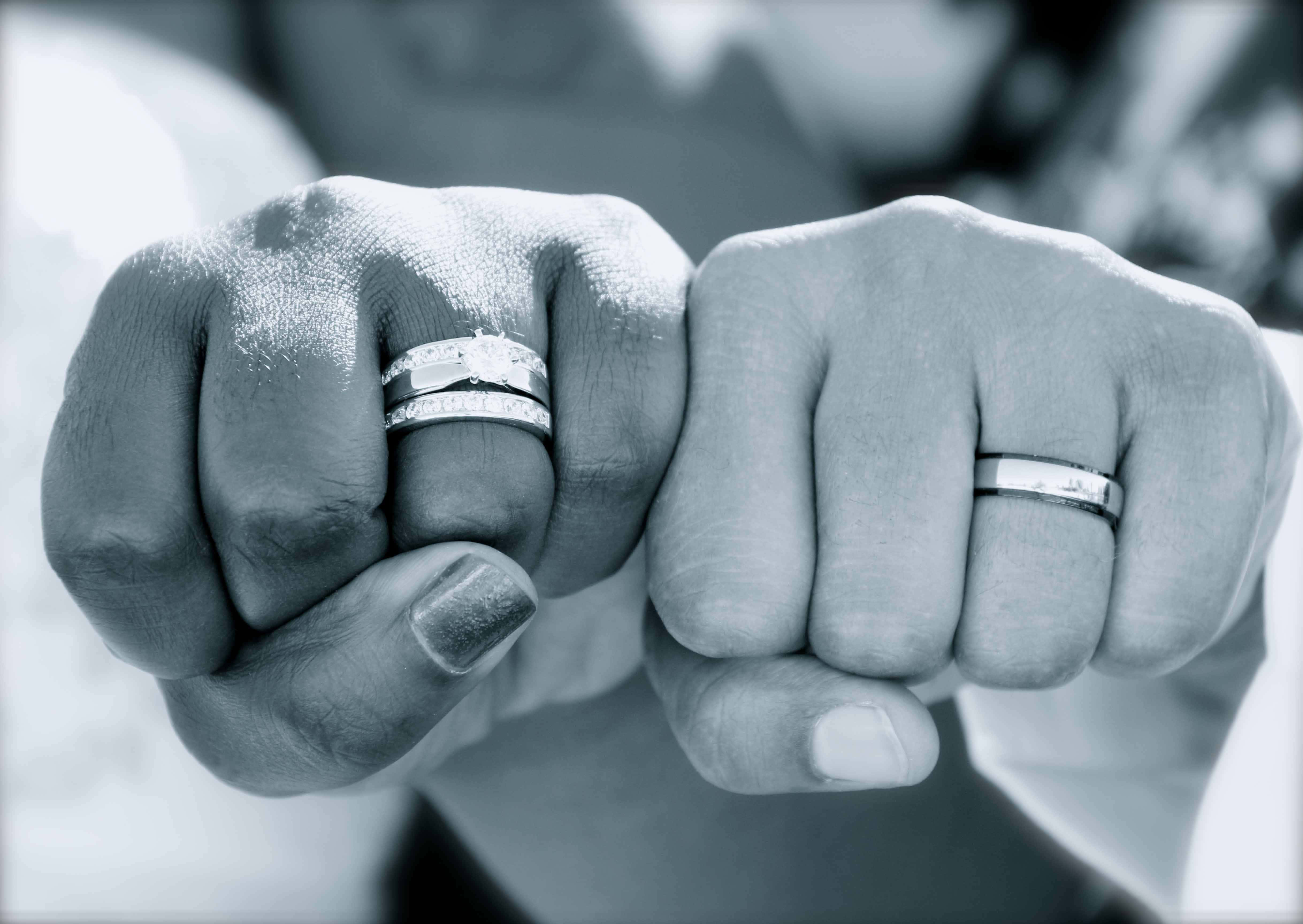 兩個戴著結婚戒指的拳頭，象徵團結與承諾。
