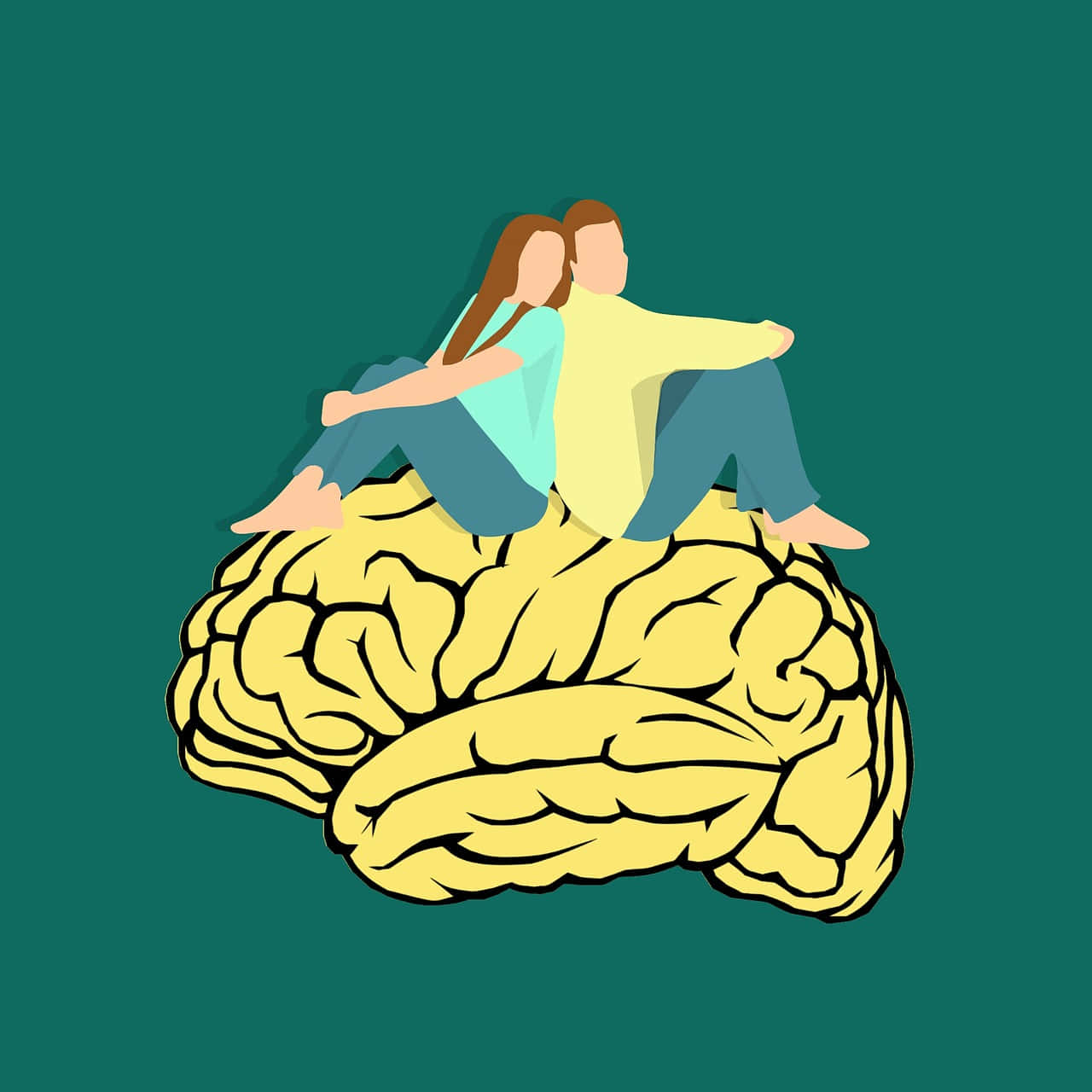夫婦坐於腦部的極簡卡通藝術 壁紙 — 兩個風格化人物背對背坐在一個黃色大腦上，背景為青綠色。