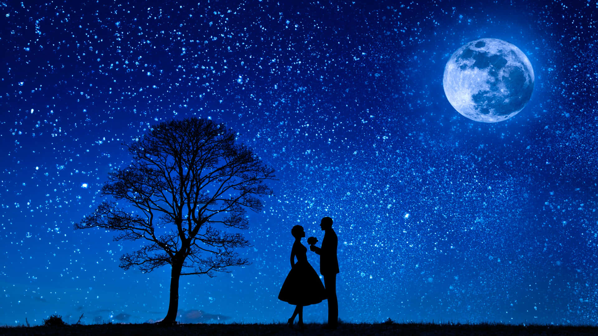 夫婦星夜月光下 壁紙 — 一對浪漫情侶在滿月與孤樹的星空夜空下形成剪影。