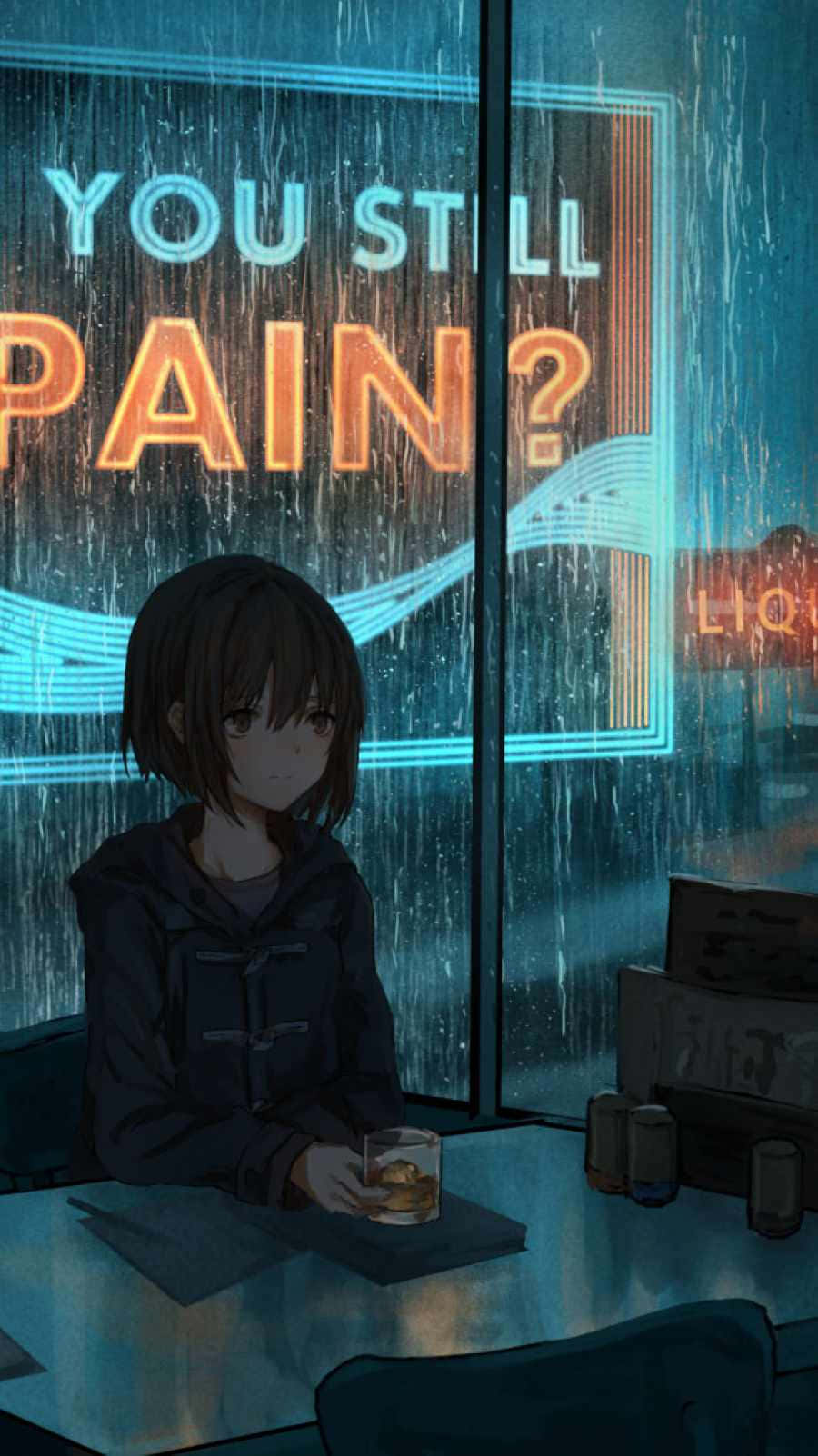 動漫女孩獨自坐在雨中的酒吧，窗外霓虹燈閃爍。