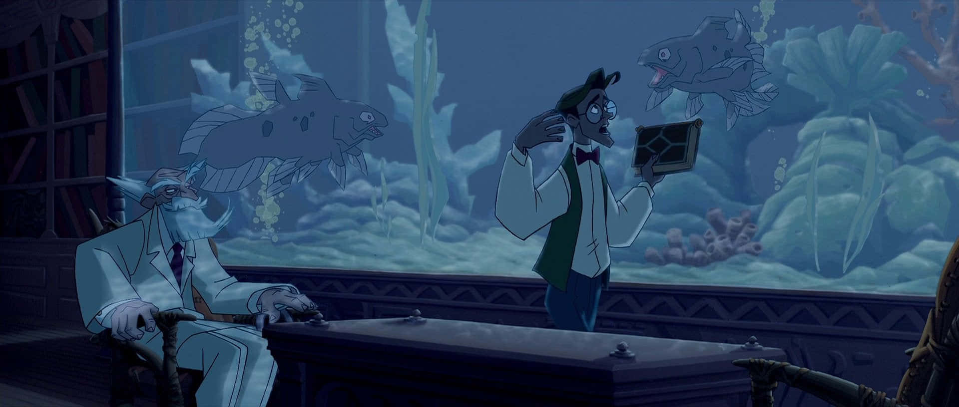 兩個動畫男人在房間裡看著水族箱裡的魚。