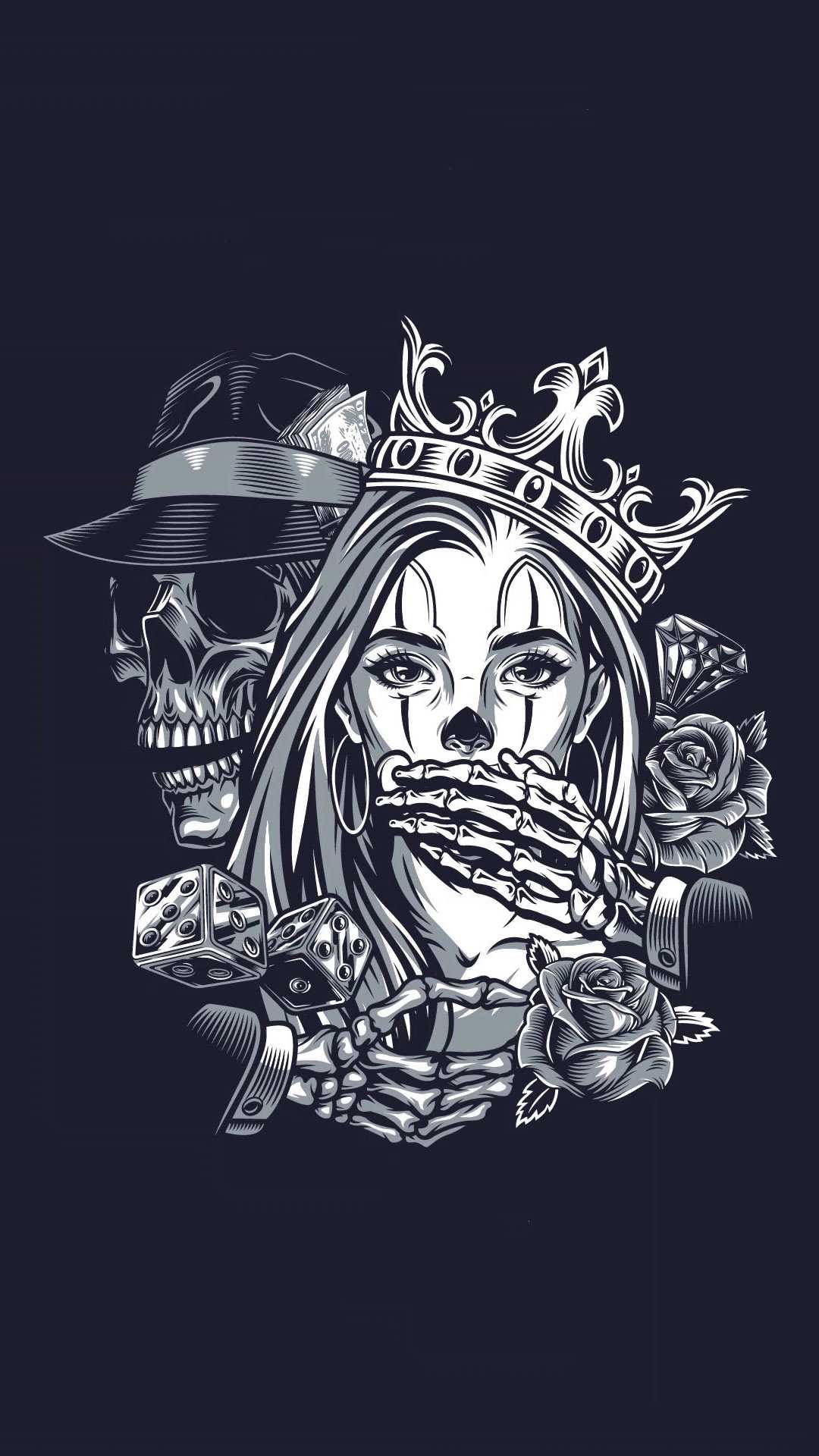 戴著皇冠的骷髏女性，手持玫瑰和骰子，兩側各有一個戴著軟呢帽的頭骨。