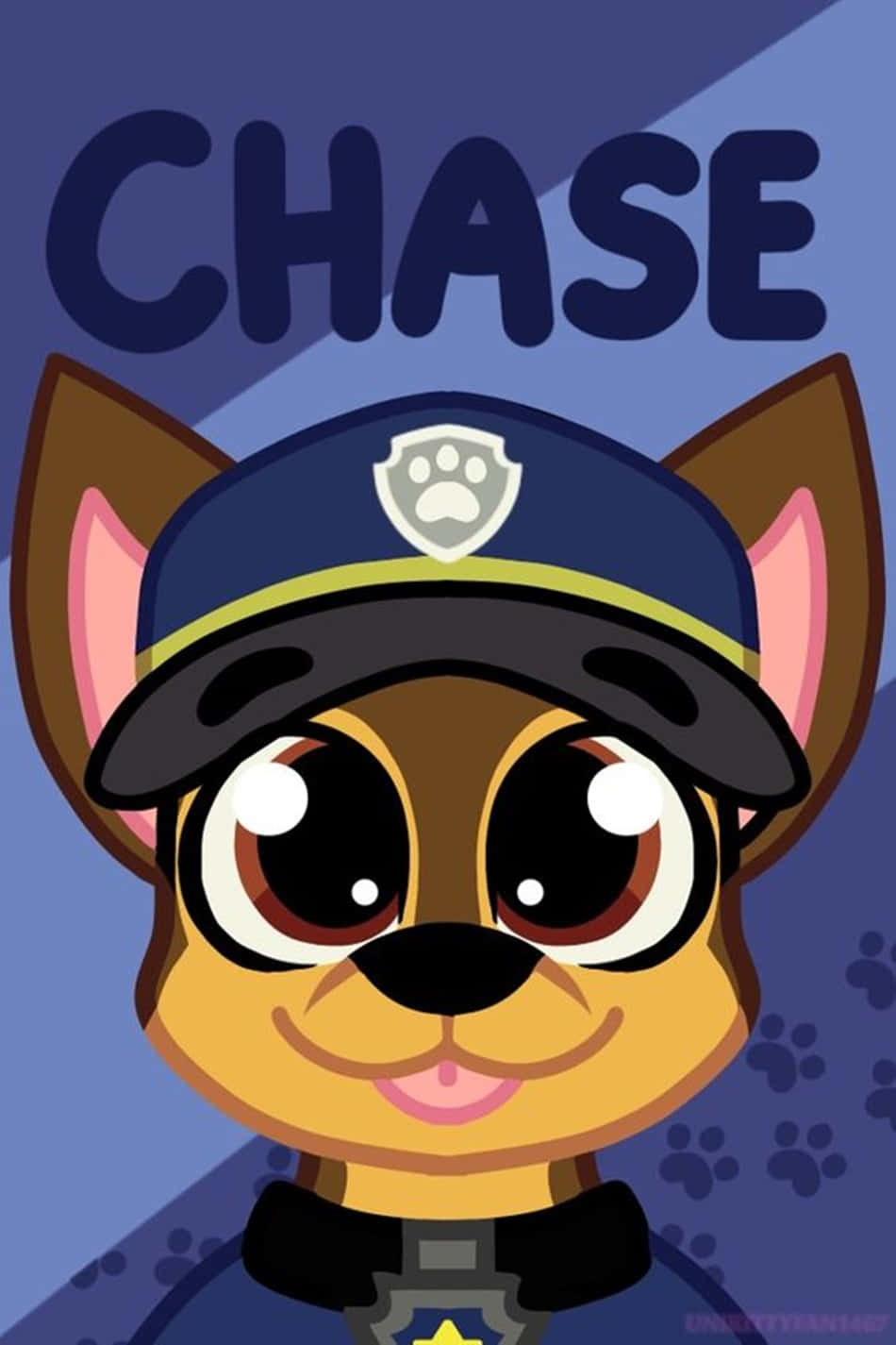卡通警犬Chase有大眼睛和徽章，在藍色背景上微笑。