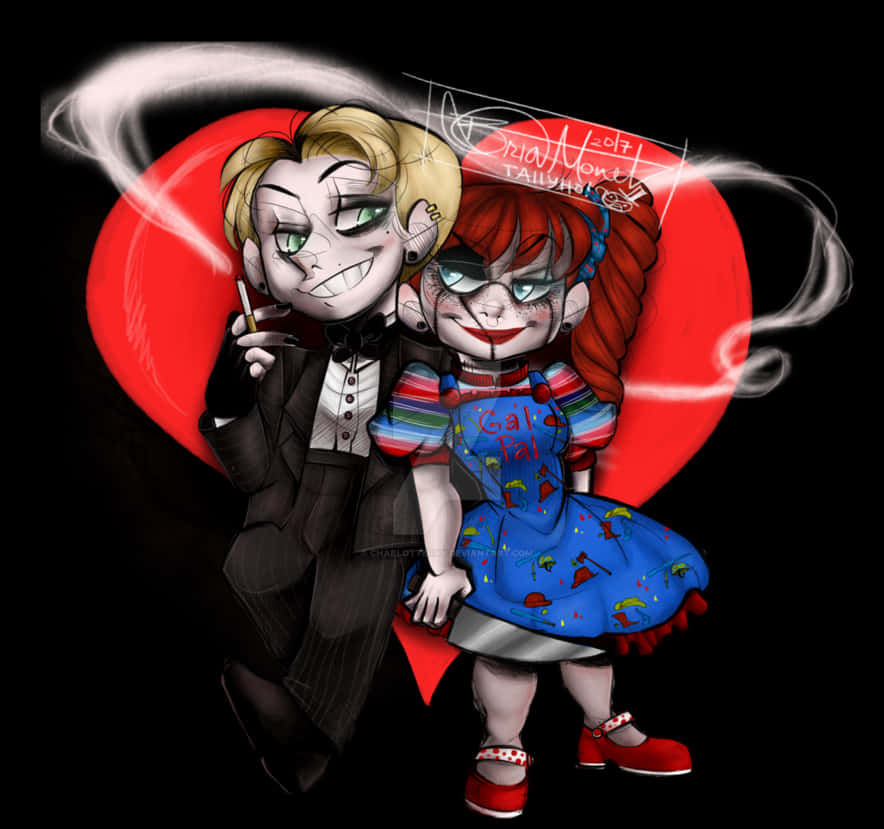 奇奇與蒂芬妮動漫風格插畫 壁紙 — 兩個皮膚蒼白、眼睛綠色的Q版卡通角色在紅色心形背景前擺姿勢，一個穿西裝拿著煙，另一個穿藍色連衣裙，帶有「Gal Pal」文字。