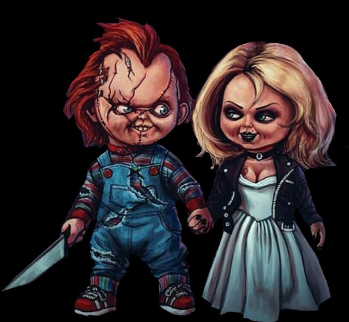 奇奇與蒂芬妮卡通恐怖形象 壁紙 — Chucky 和他的新娘在黑色背景前牽手，兩人都帶著縫合的面孔和威脅的表情。