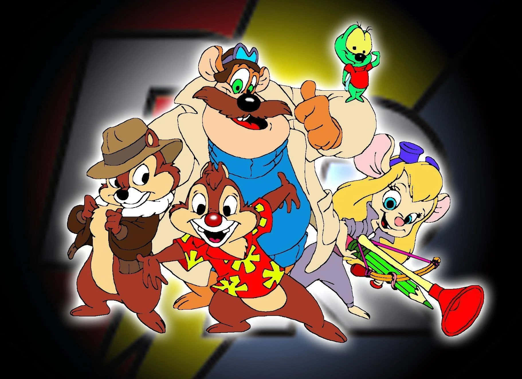 奇奇與蒂蒂享受愜意生活 壁紙 — Chip Dale 同佢哋嘅朋友喺一個有發光邊緣嘅黑暗抽象背景前開心擺甫士。