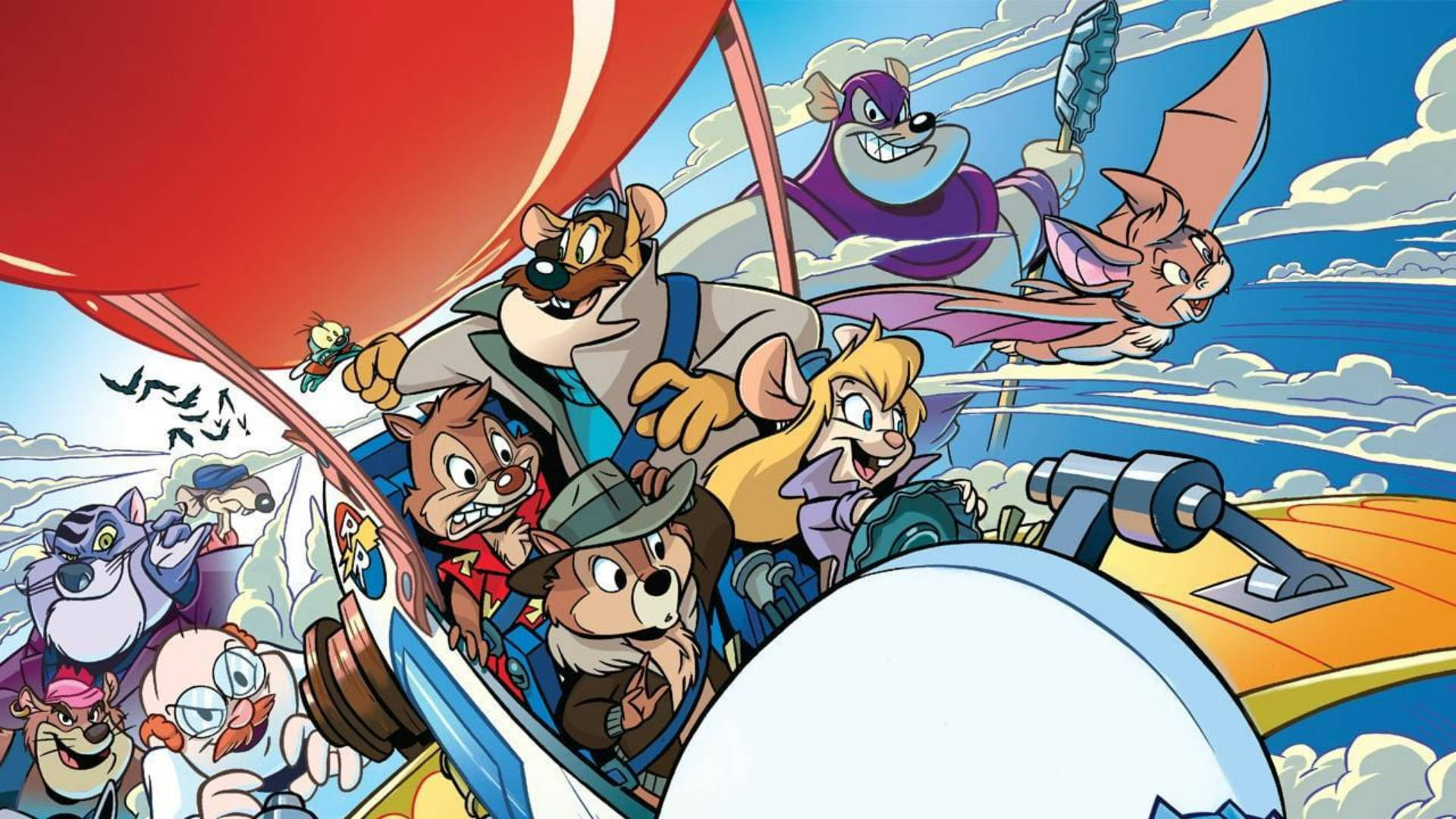 Chip 和 Dale 和朋友們在風暴天空中駕駛一艘帶有紅色帆的卡通船比賽。
