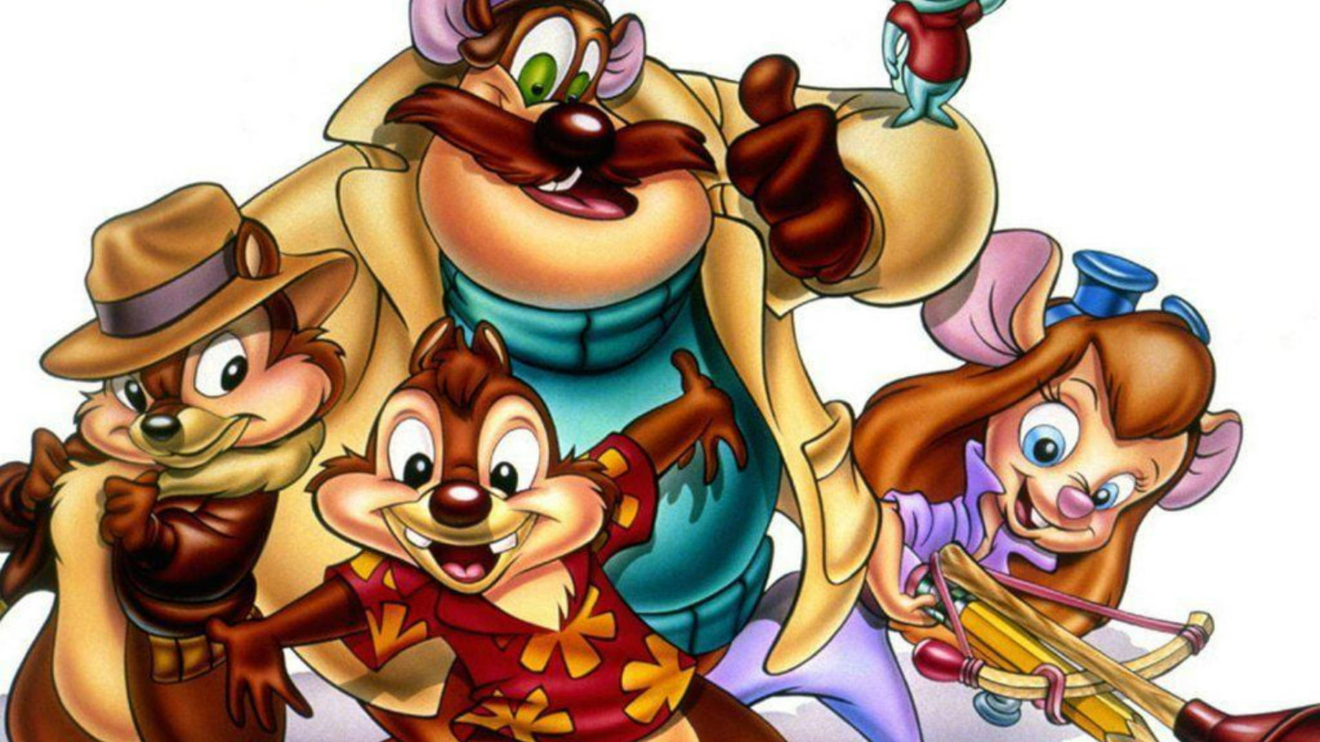 Chip Dale 同朋友著住卡通探險裝備，燦爛咁笑。