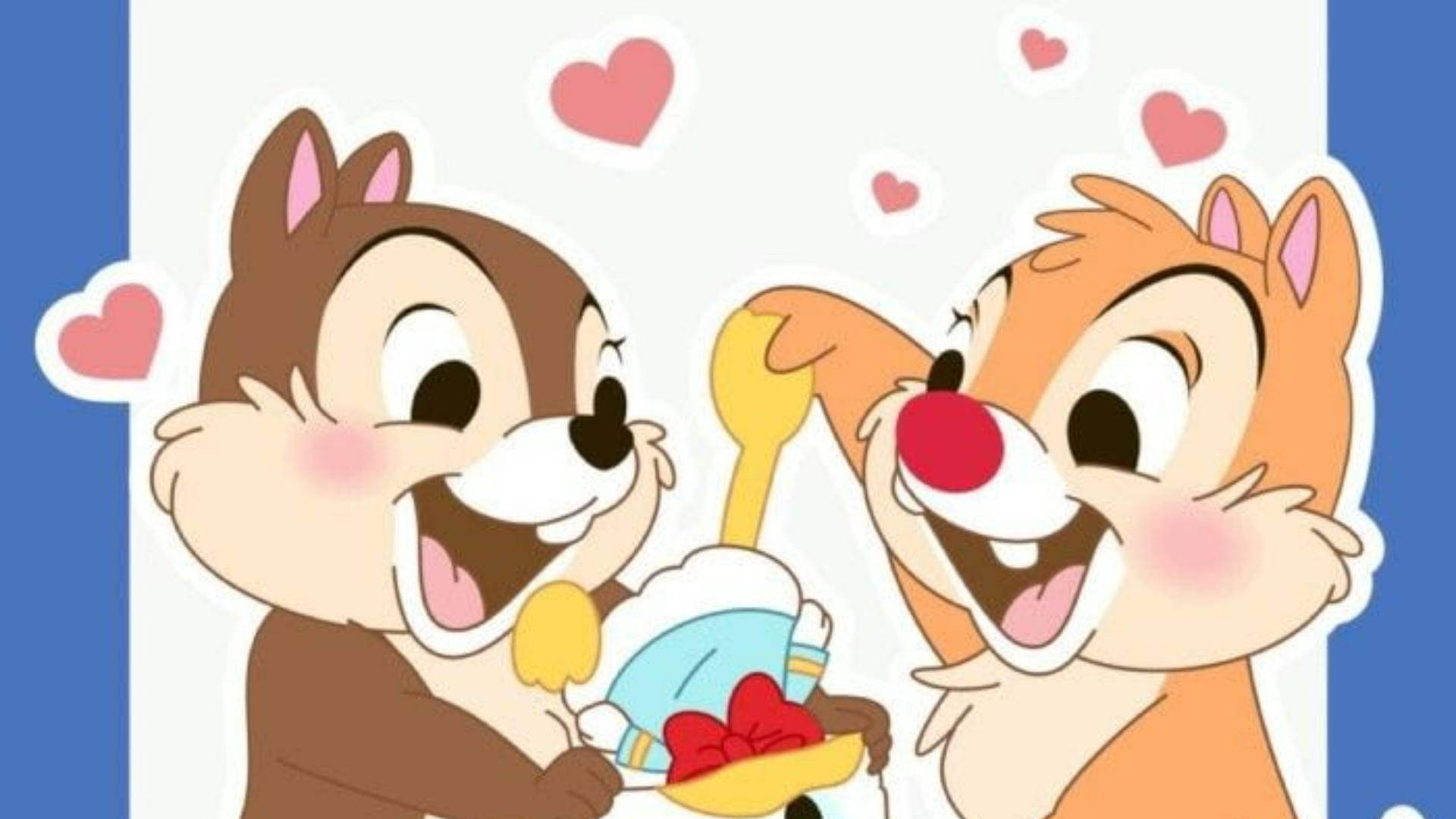 Chip 和 Dale 開心地分享甜品，周圍有漂浮的心形圖案。
