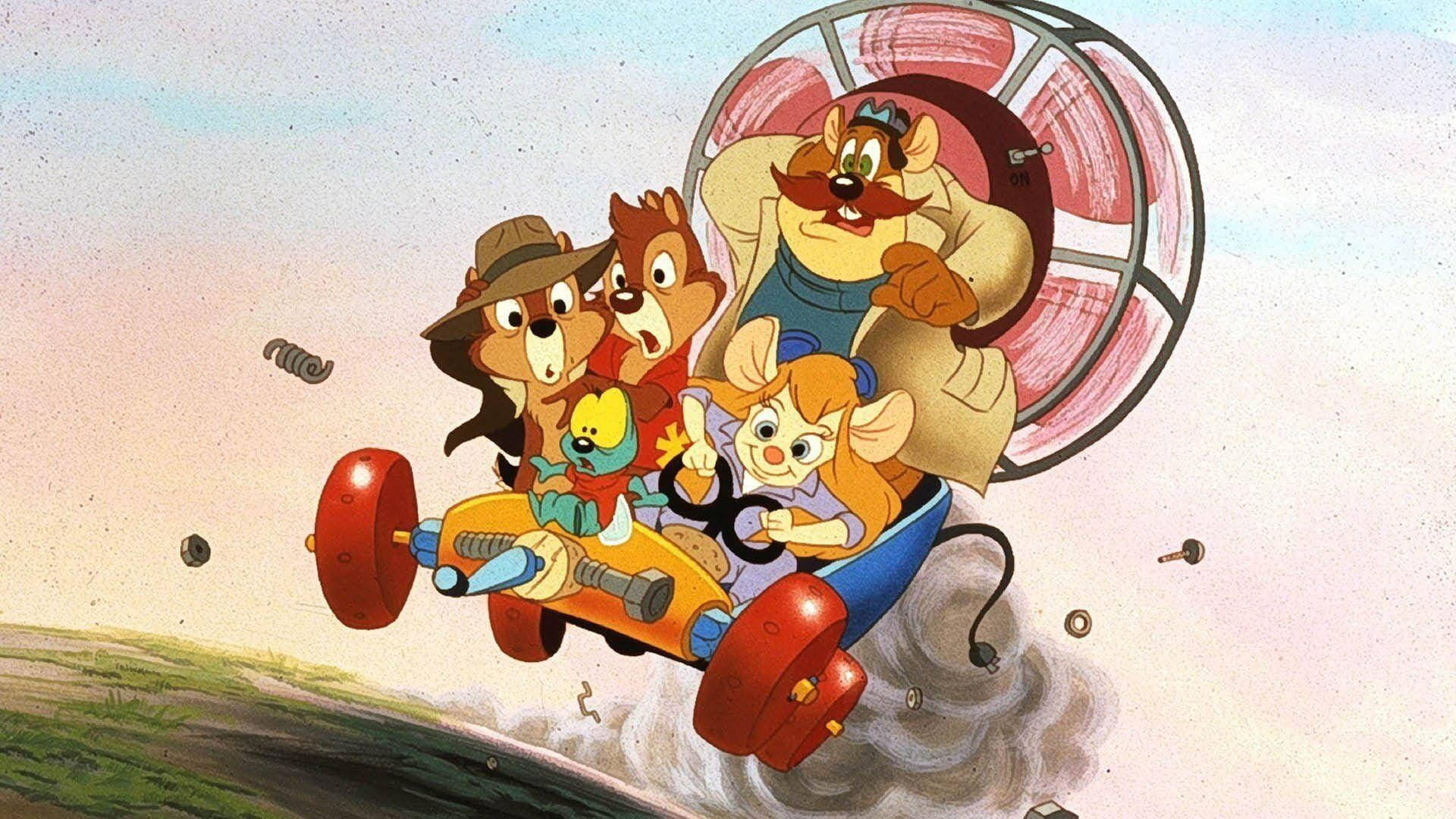 Chip 和 Dale 和朋友們乘坐帶有旋轉螺旋槳的飛天汽車競賽。