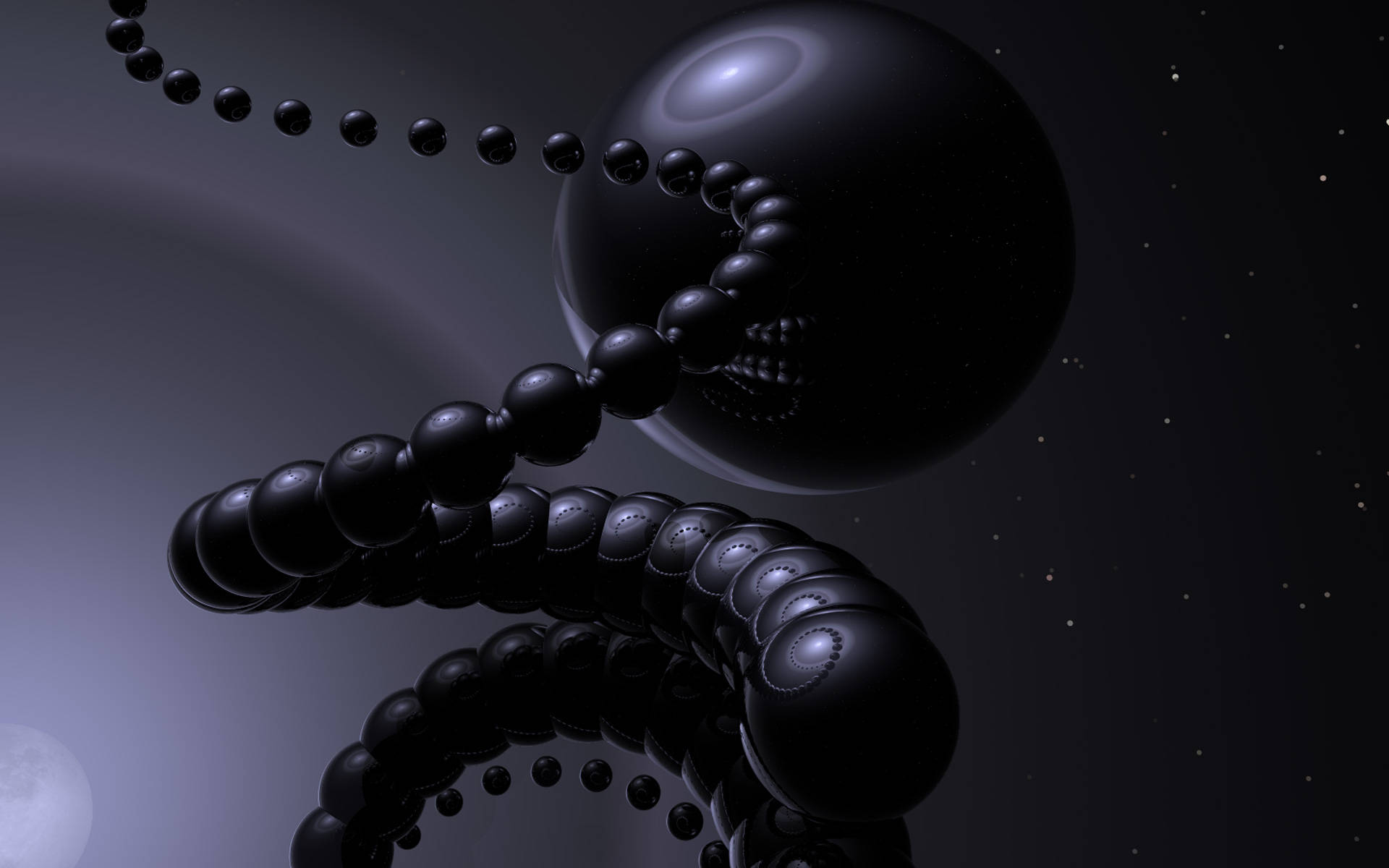 一個黑色珠骷髏在發光的月亮和星星附近的太空中漂浮。