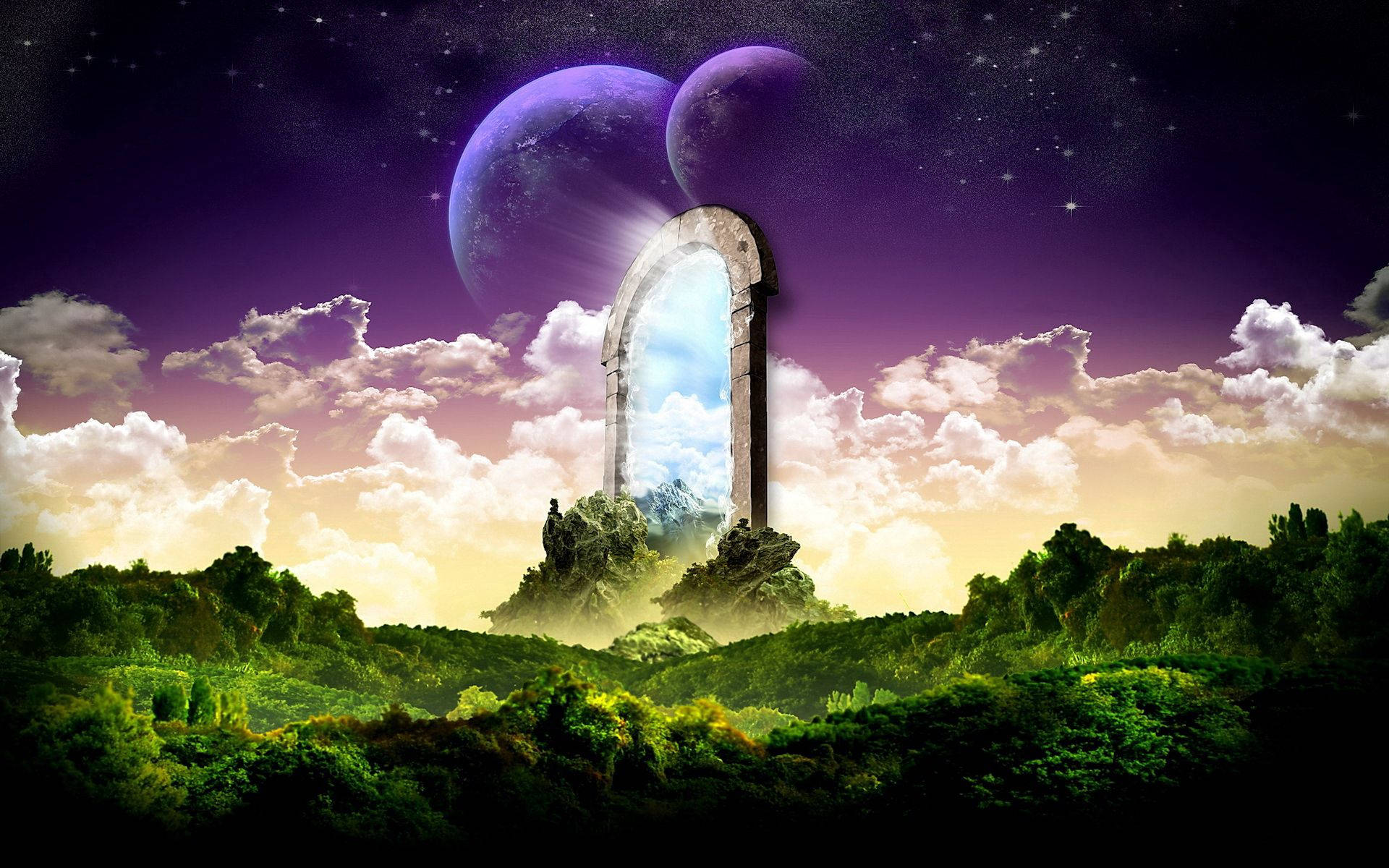 森林中的石拱門，下有紫色月亮和星空