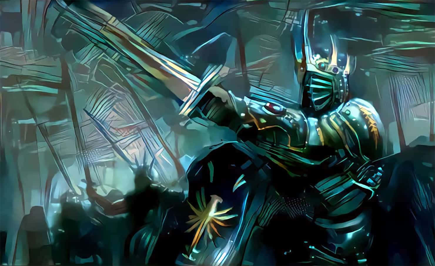 奇幻中世紀戰鬥 壁紙 — 一個未來風格的裝甲戰士，發光的眼睛和一把劍，站在破碎的玻璃中，背景是深藍綠色和金色的數碼藝術場景。