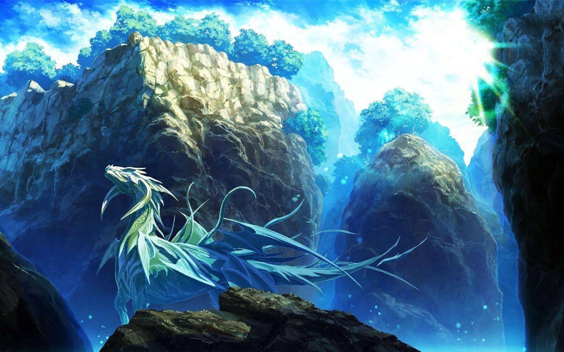 一條藍色龍站在陽光普照的山地景觀中的懸崖上。