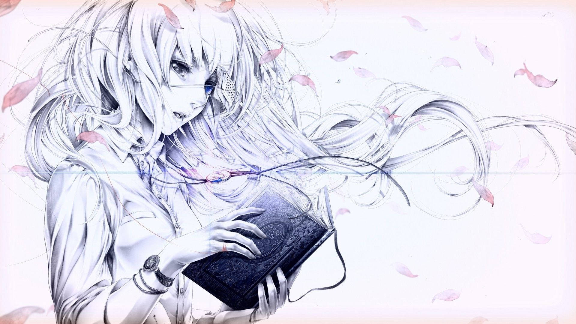 奇幻動漫角色插畫 壁紙 — 一個蒼白的動漫女孩，飄逸的白髮，拿著一本深色的書，粉紅色的花瓣在微風中飄落在她周圍。