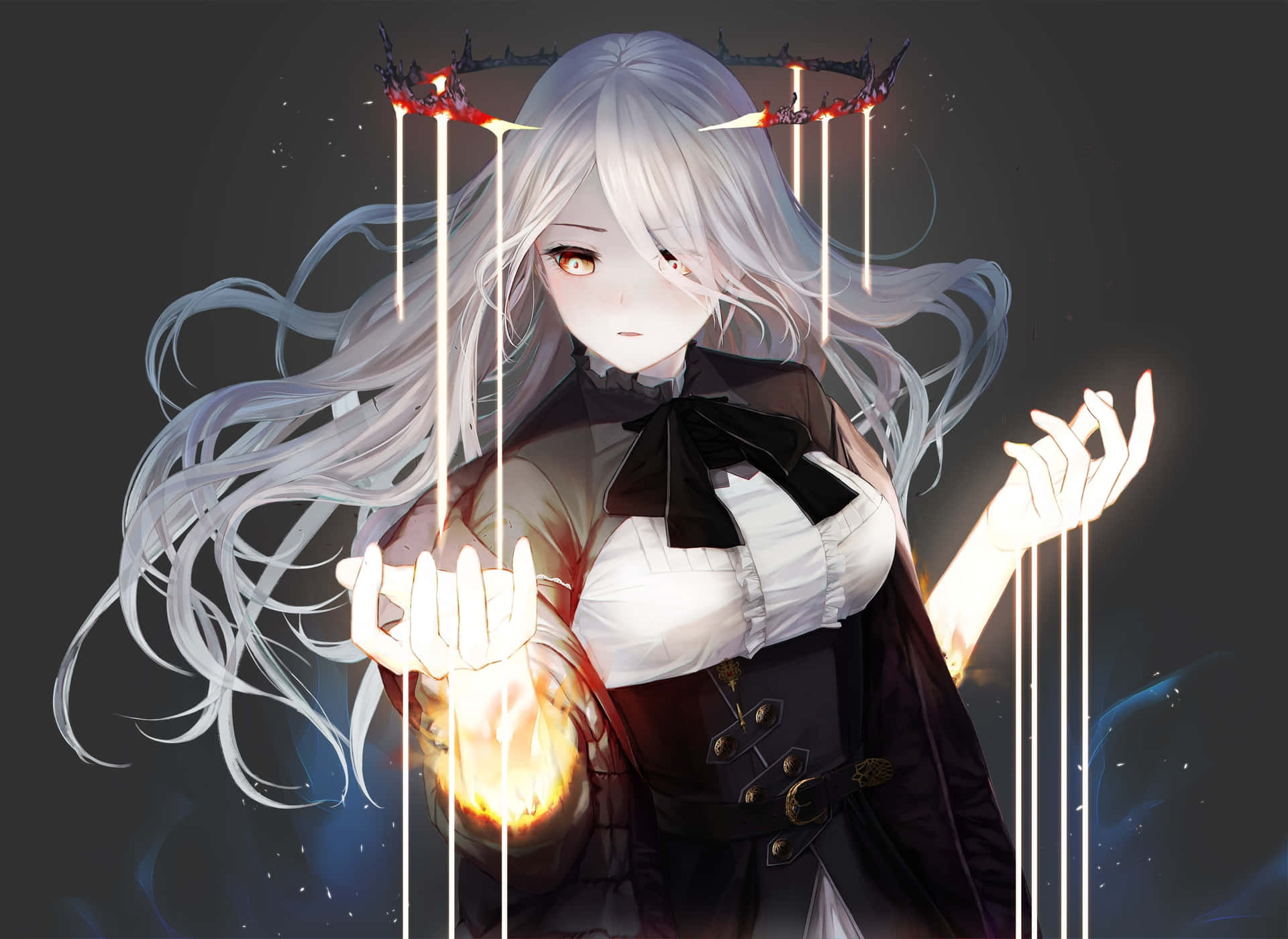 奇幻動畫女孩頭像 壁紙 — 一個蒼白嘅動漫女仔，銀色頭髮同發光嘅眼睛，手揸住火焰，而佢頭頂上面嘅皇冠有火焰藤蔓降落下嚟。