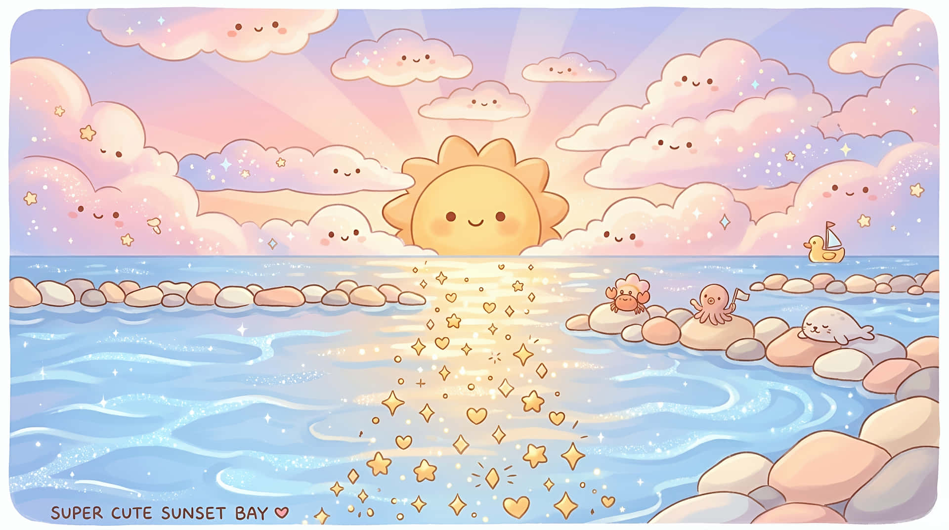 卡通日落，有微笑嘅雲朵同埋喺閃閃發光海灣岩石上嘅海洋生物。