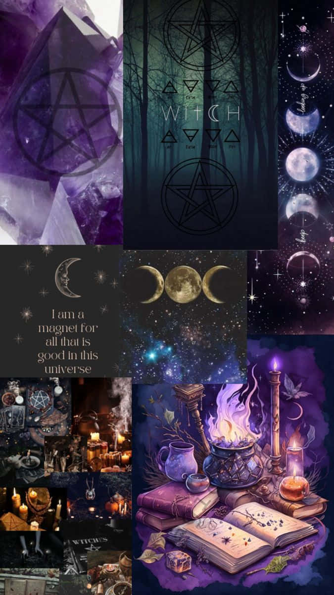 奇幻哥德美學拼貼畫 壁紙 — 一張神秘拼貼畫， featuring 紫色水晶、五角星、月相、蠟燭和魔法書，營造出黑暗迷人的氛圍。