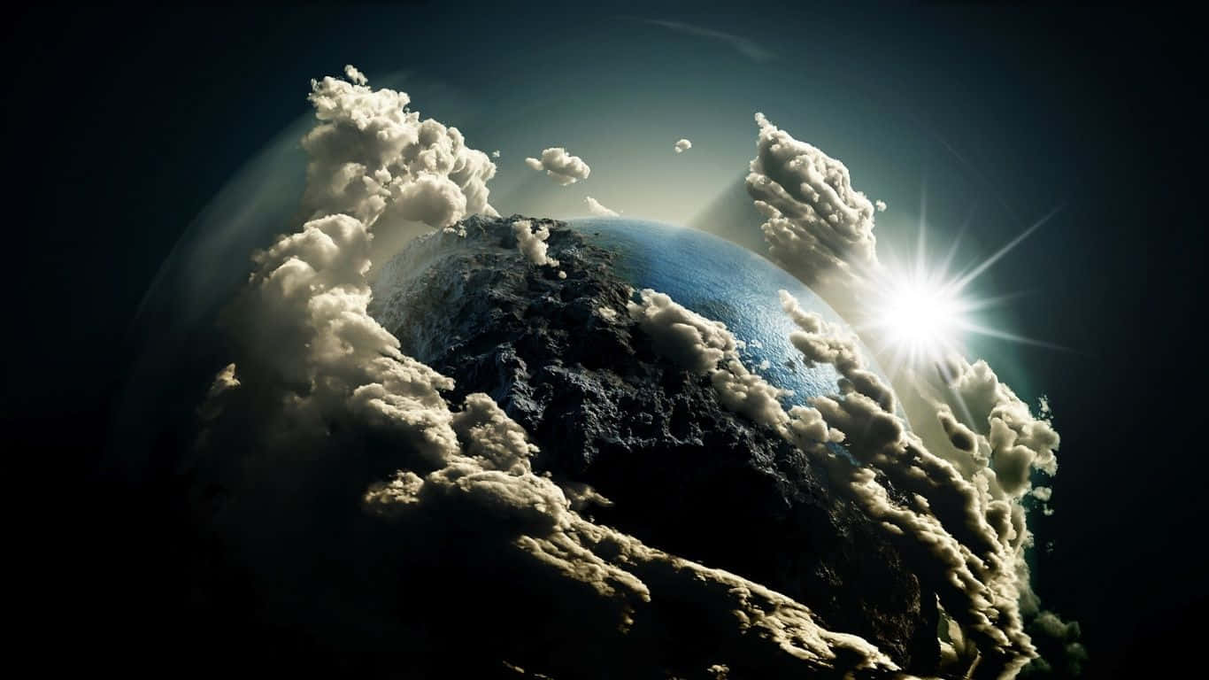 奇幻地球雲霧 1366x768 監視器背景 壁紙 — 一顆戲劇性的行星，帶有旋轉的雲層和明亮的太陽爆發，照亮了它在黑暗宇宙背景下的彎曲地平線。
