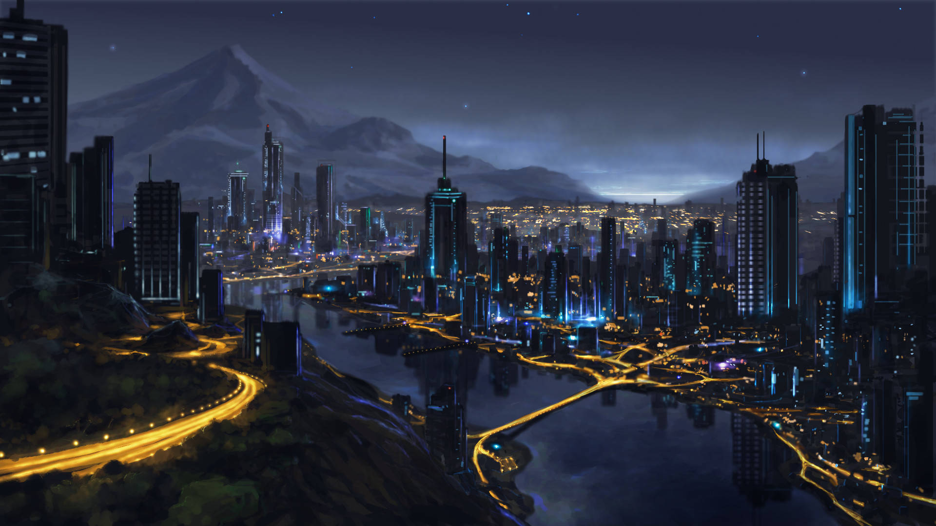 奇幻城市夜景插畫 壁紙 — 未來城市夜景，閃爍的摩天大樓與蜿蜒的高速公路，星空下遠方有座雪山。