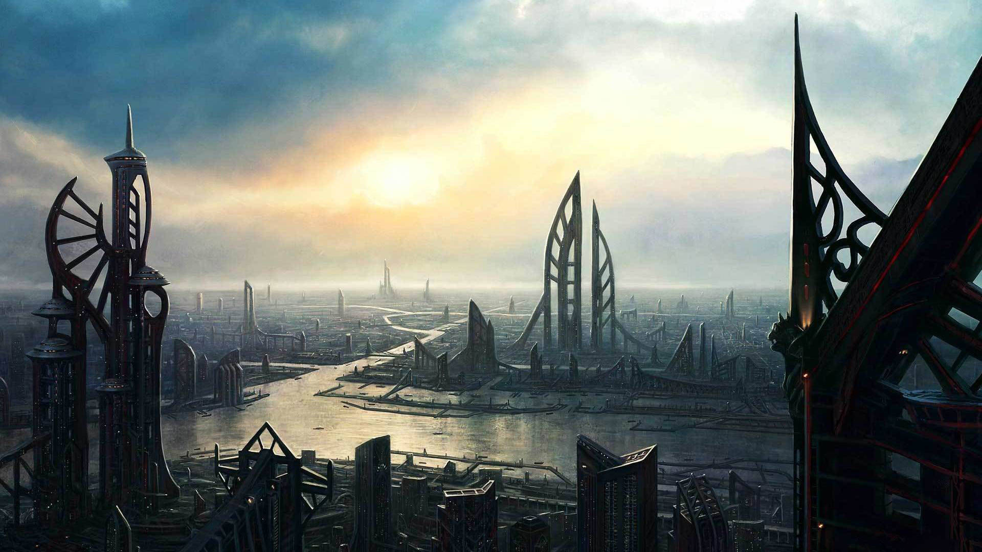 奇幻城市藝術與高塔 壁紙 — 日落時分的未來城市景觀，高聳的尖塔和蜿蜒穿過霧氣金屬結構的河流。