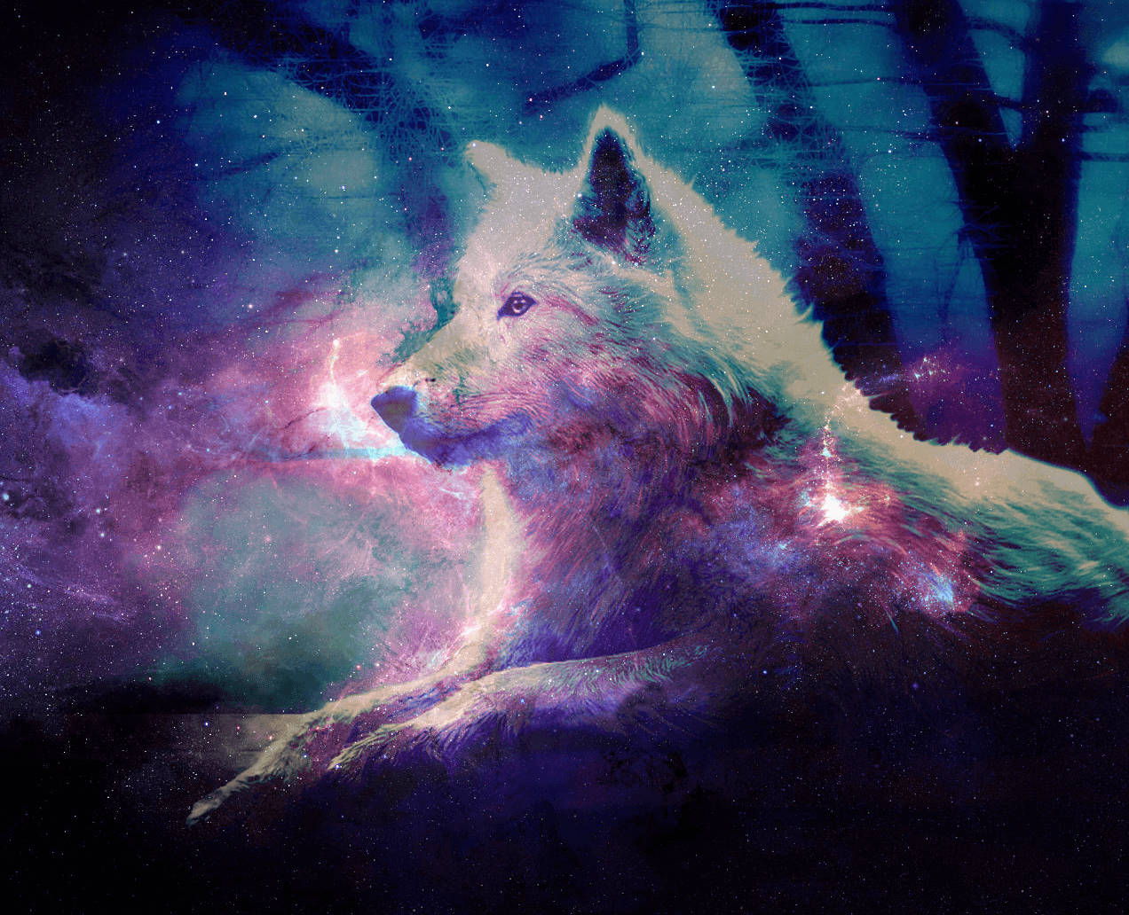奇幻夜景可愛白狼 壁紙 — 一隻雄偉的白狼在星空下，於一個宇宙森林中休息，發光的星雲在其毛髮中旋轉。