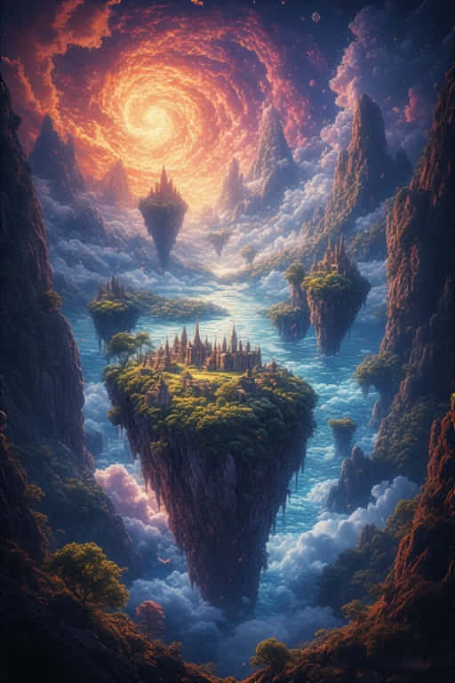 浮島上有城堡和綠色植物，懸浮在雲層中，下方是旋轉的宇宙太陽。