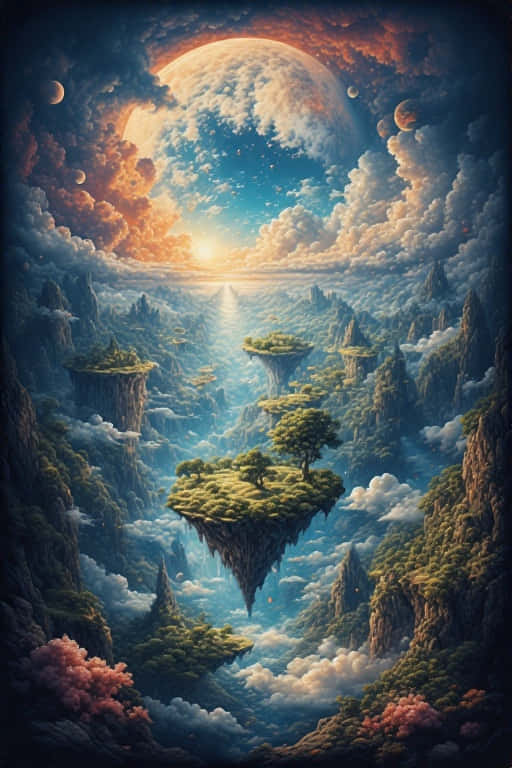 在巨大的發光月亮下，雲層中懸浮著樹木的浮島。