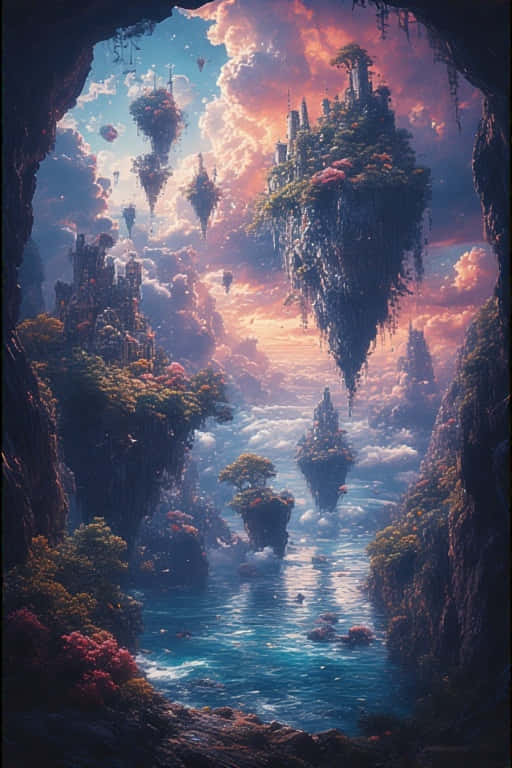 浮島上有森林和遺跡，位於藍色河流之上，天空色彩繽紛。