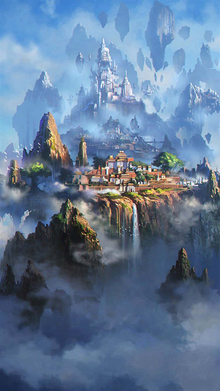 奇幻天空城堡場景 壁紙 — 一座雄偉的漂浮城堡和懸崖村莊，坐落在霧氣繚繞的山巒之間，天空湛藍明亮。