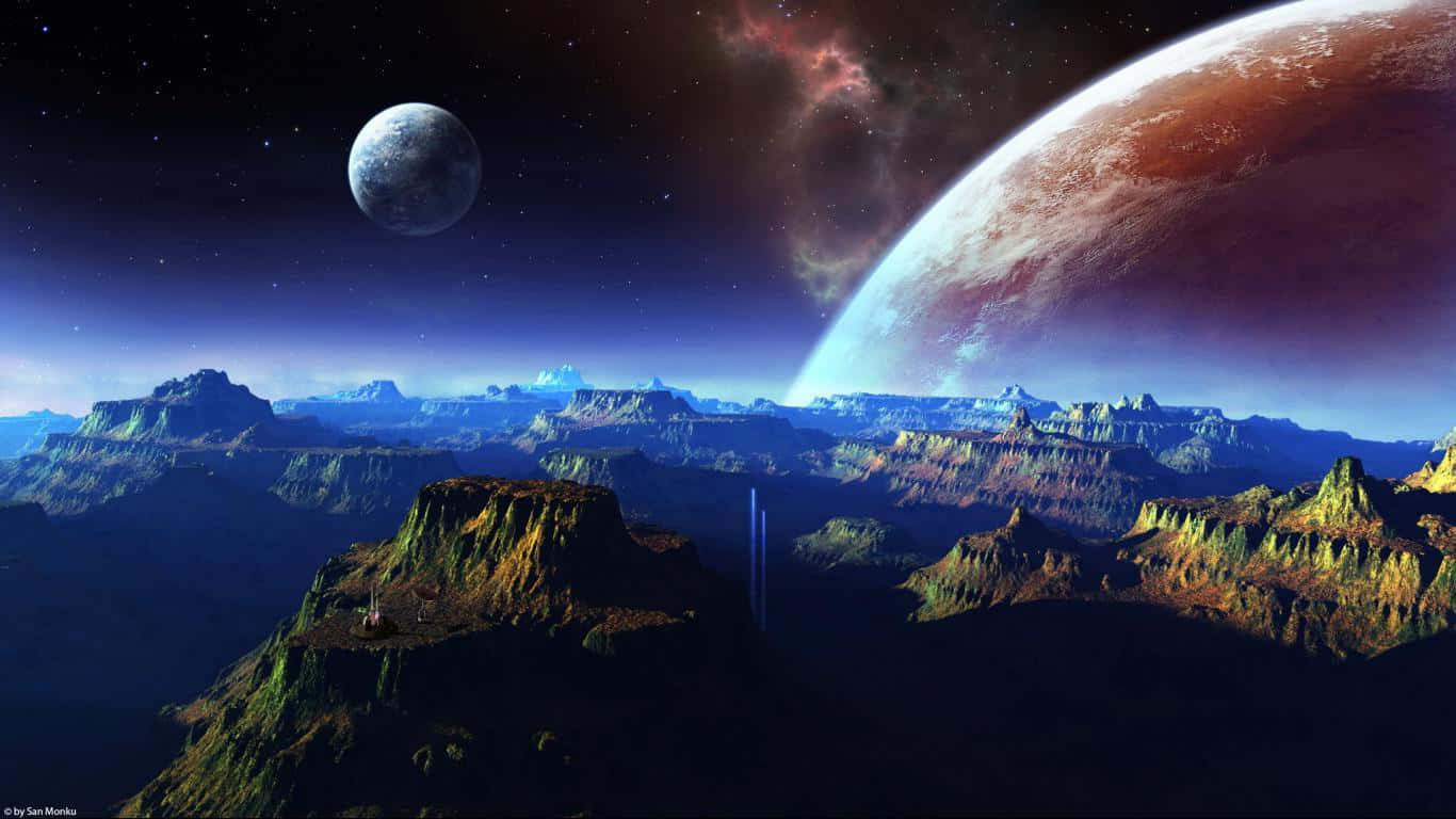奇幻太空藝術 1366x768 監視器背景 壁紙 — 一個戲劇性的外星景觀，鋸齒狀的山脈在星空下，有一個大行星和月亮。