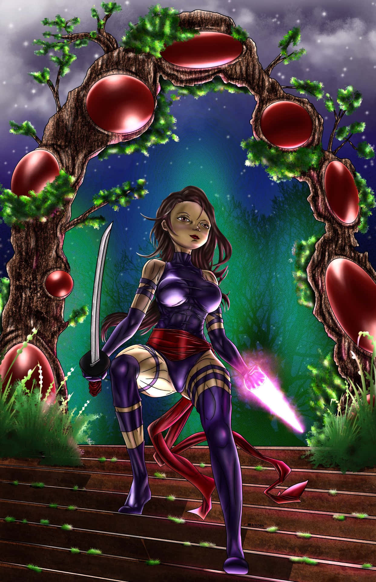 奇幻女戰士於神祕森林 壁紙 — 一位身穿紫色服裝的動漫戰士站在木階梯上，在繁星夜空下，神秘樹拱門閃爍著紅色光球。