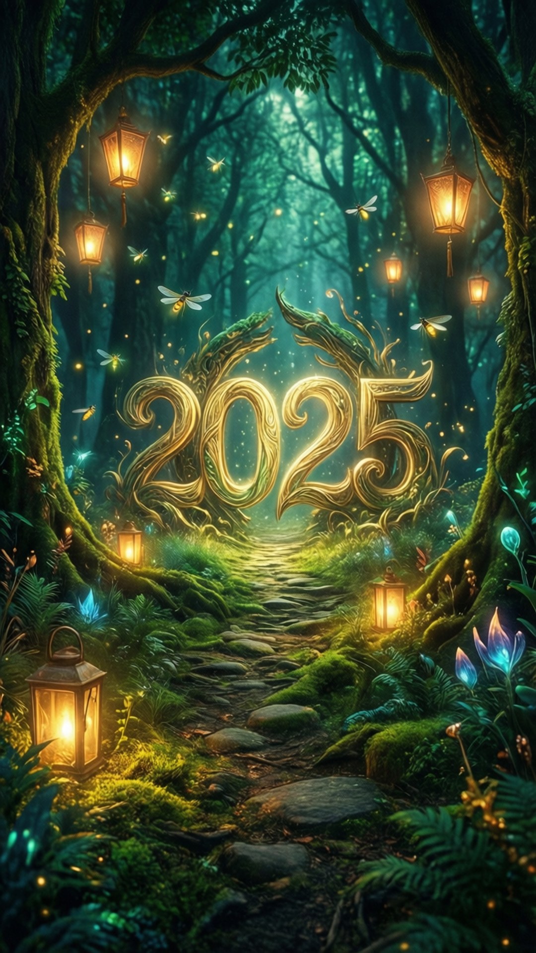 奇幻小徑 壁紙 — 一條神秘森林小徑，兩旁掛滿發光燈籠，在螢火蟲的天幕下，通往刻在樹根上的金色2025年。