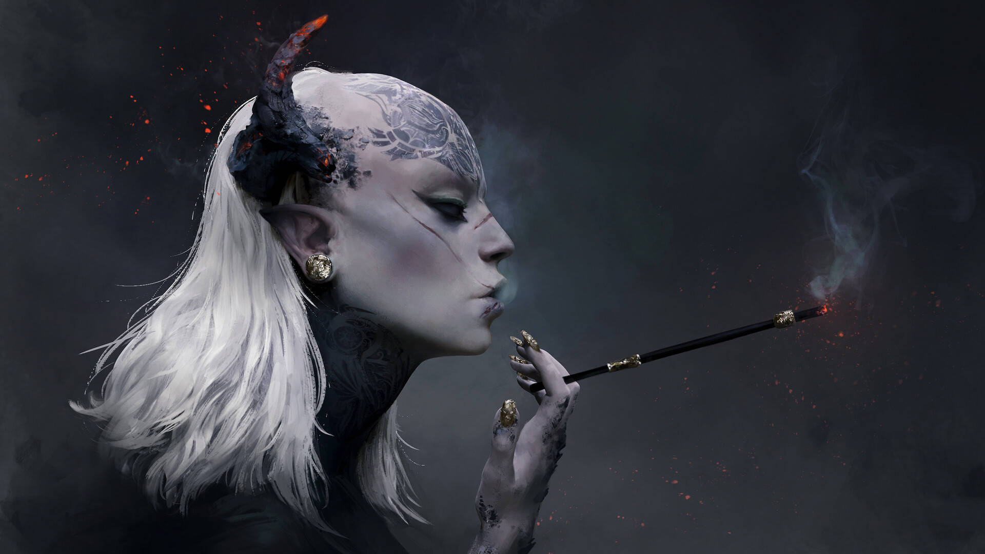 一位白髮的惡魔女性在黑暗煙霧環境中抽煙斗。