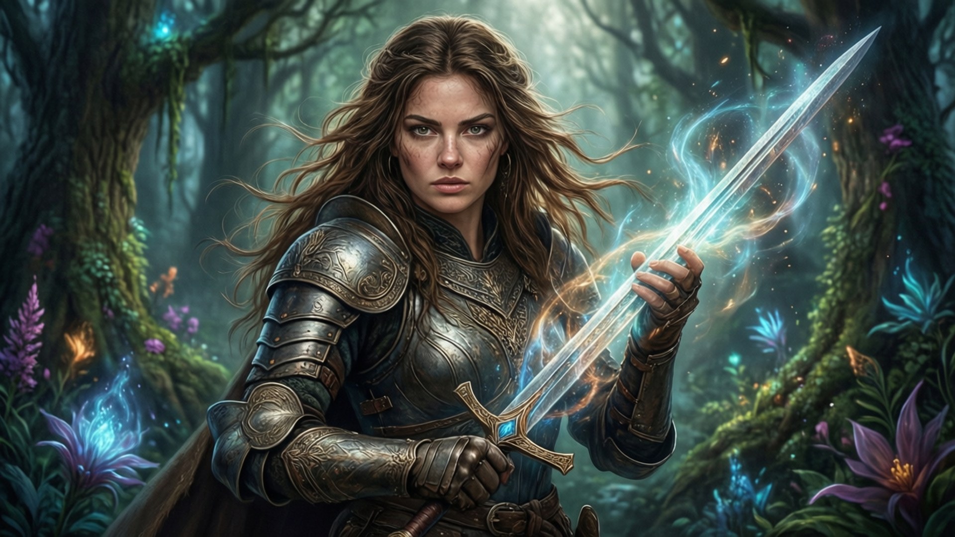 一位身穿盔甲的奇幻女戰士在魔法森林中手持發光的劍。