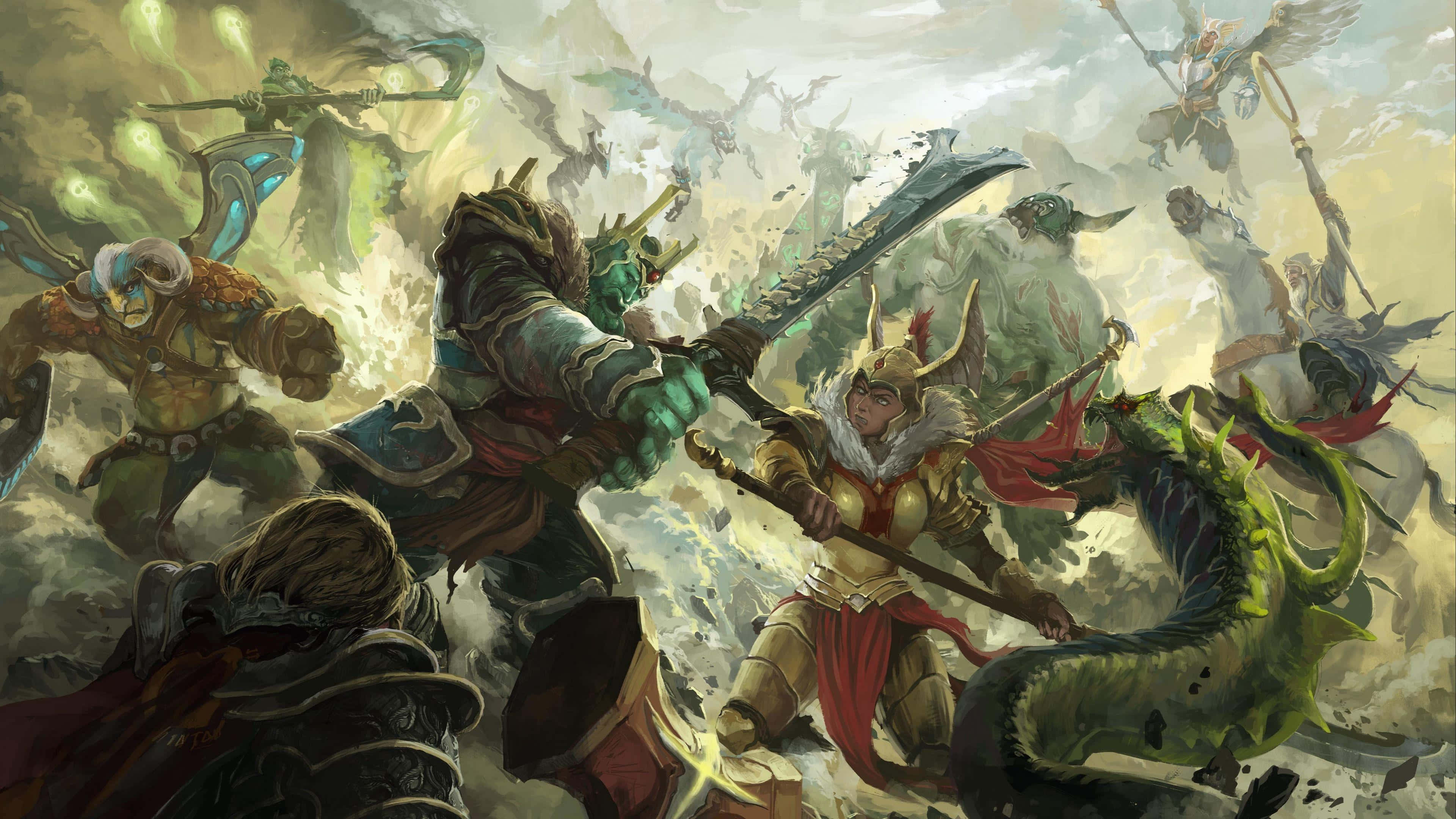 Legion Commander 桌布 壁紙 — 奇幻戰士在混亂的戰鬥中與 monstrous 綠色巨龍交鋒，周圍煙霧和碎片翻騰。