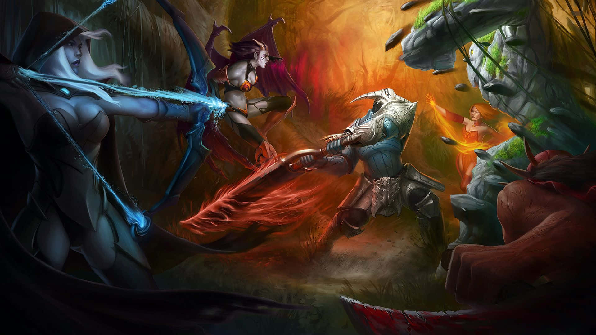 Dota 2 Heroes 桌布 壁紙 — 奇幻戰士在熾熱洞穴中衝突，手持發光武器，靈體旁觀。