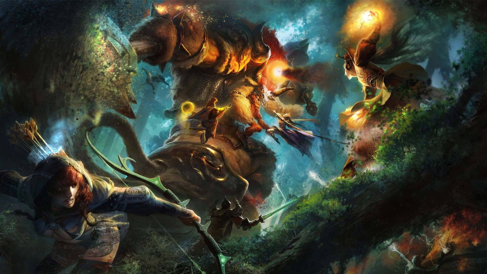 Dota 桌布 壁紙 — 奇幻戰士在神秘森林中，在發光的魔法光芒下與巨大的火焰野獸戰鬥。