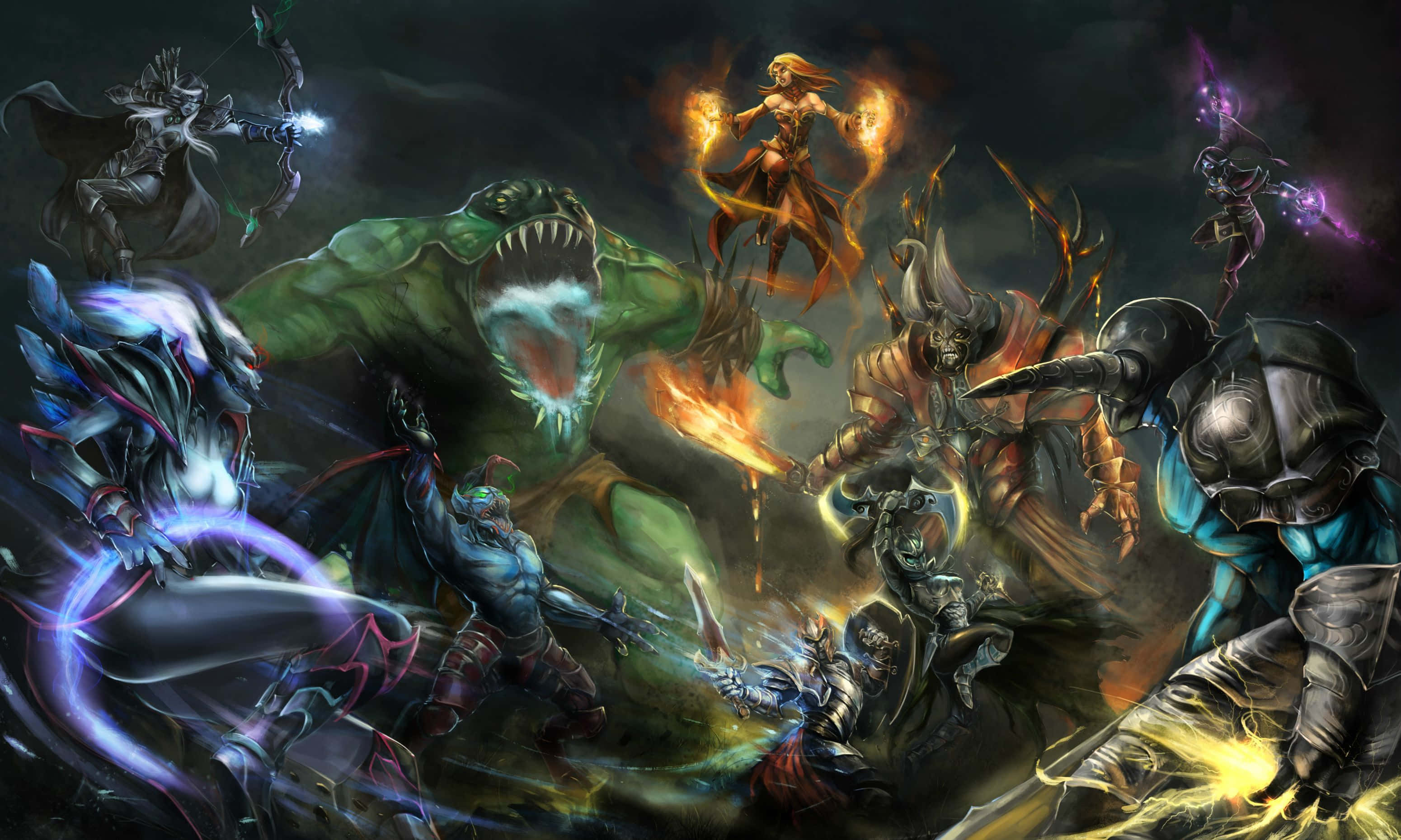 Dota 桌布 壁紙 — 奇幻戰士與怪物在混亂的戰鬥中碰撞，伴隨著發光的魔法和黑暗的暴風雨天空。