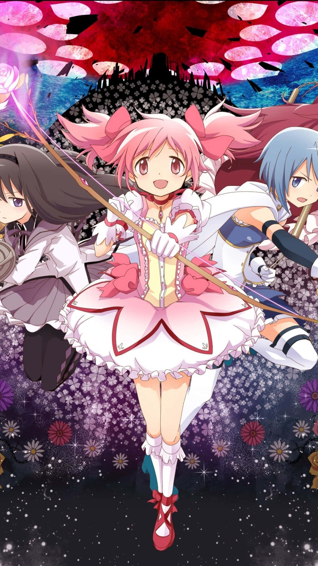 三個穿著魔法服裝的動漫女孩在櫻花花瓣中飛翔。