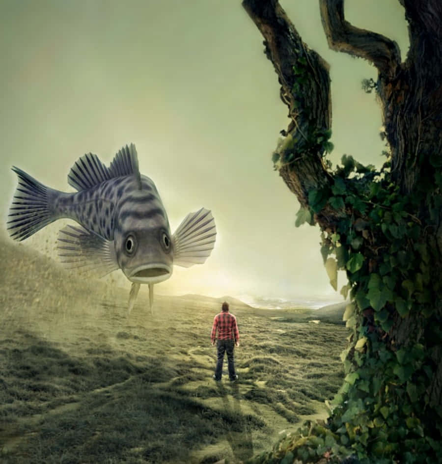 奇幻森林巨魚怪異圖像 壁紙 — 一個孤獨的人穿著紅色格子襯衫，敬畏地站在一條從霧氣瀰漫的田野中出現的巨魚面前，旁邊是一棵扭曲的樹。