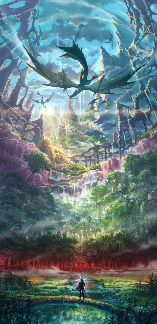 奇幻森林手機壁紙 壁紙 — 一個孤獨的戰士站在橋上，仰望一隻巨大的龍在充滿活力的叢林峽谷上空翱翔，峽谷中有層疊的瀑布和發光的光束。