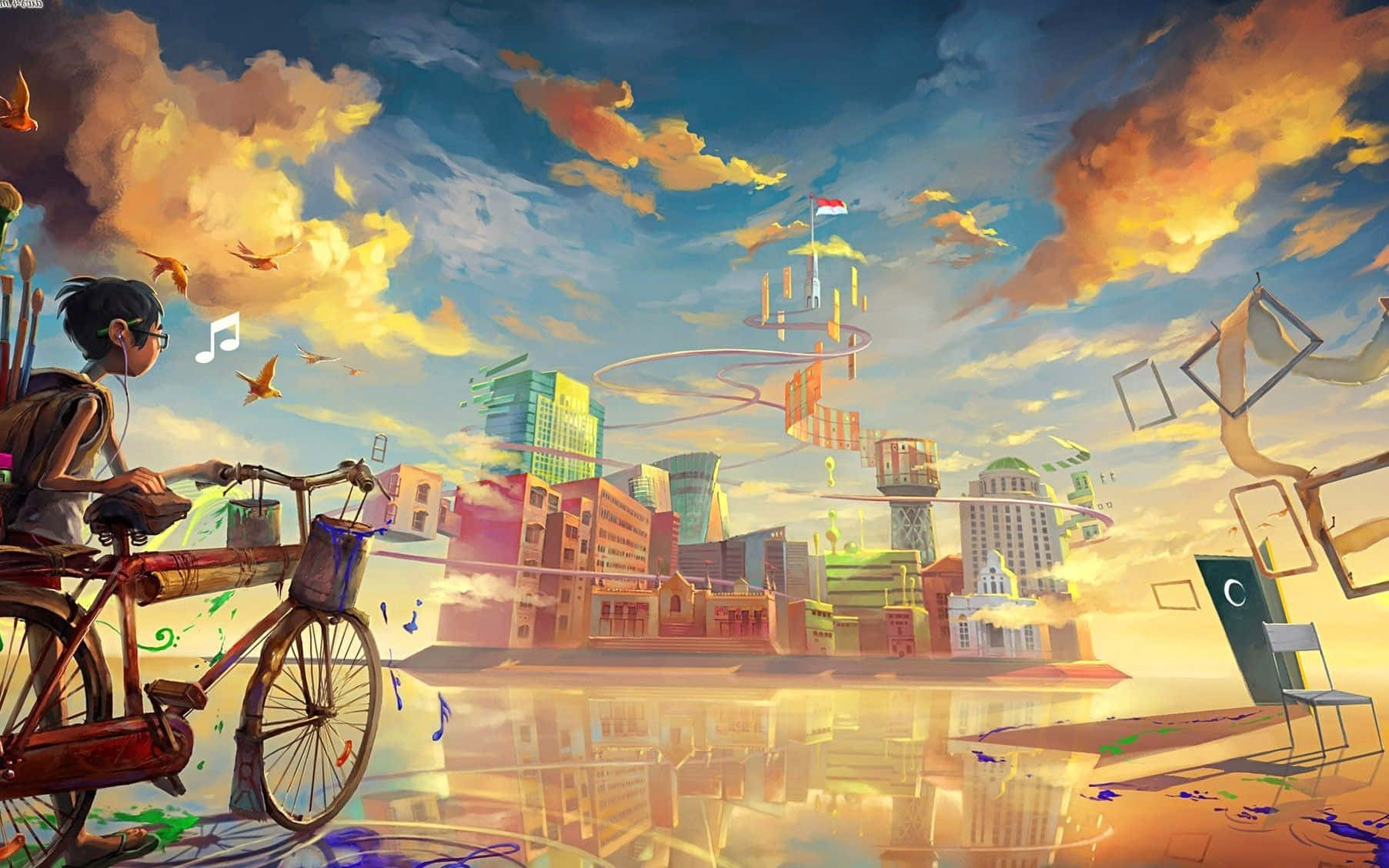 一位單車手穿過一個夢幻般的城市，其中有漂浮的建築物和色彩繽紛的雲彩。
